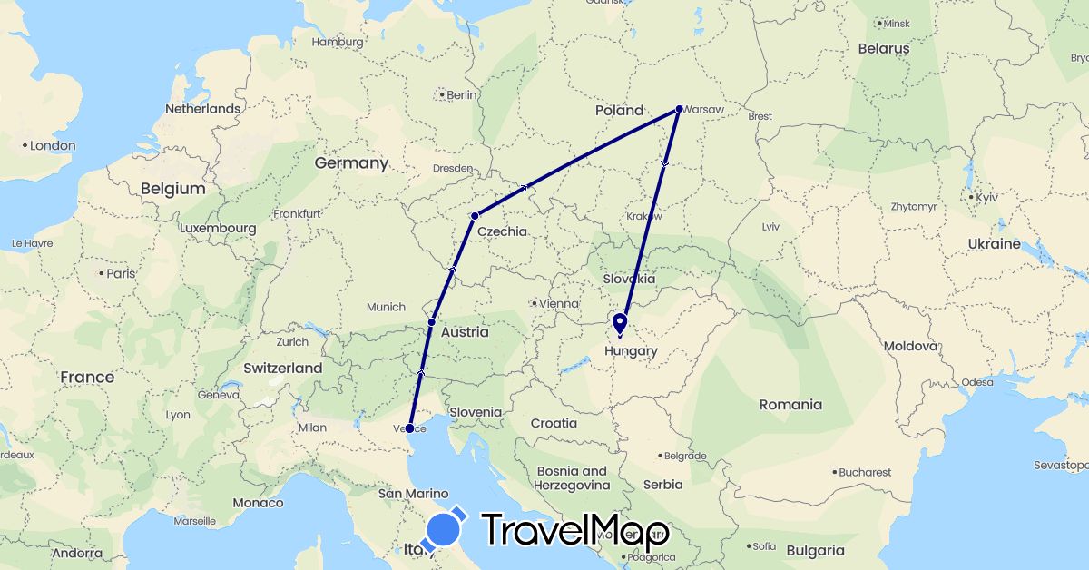 TravelMap itinerary: driving in Austria, Czech Republic, Hungary, Italy, Poland (Europe)